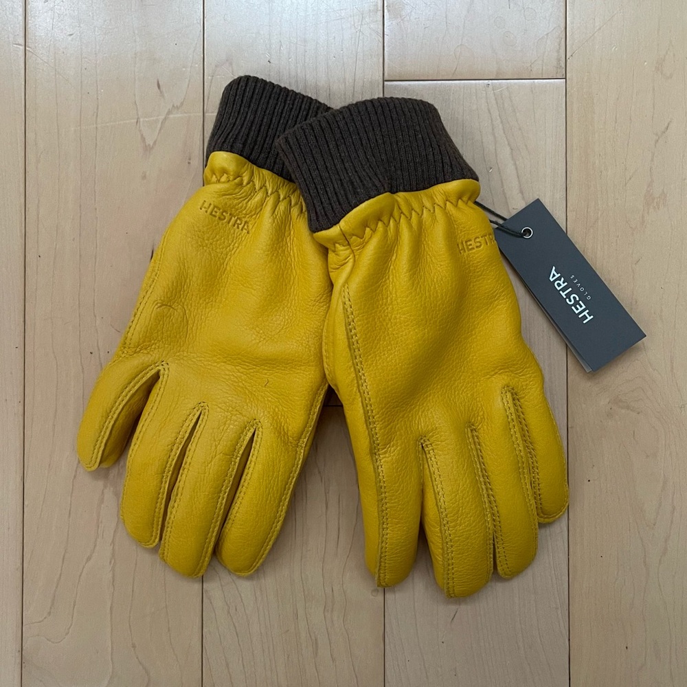 Hestra Mustard Leather Gloves with Brown Cuffs